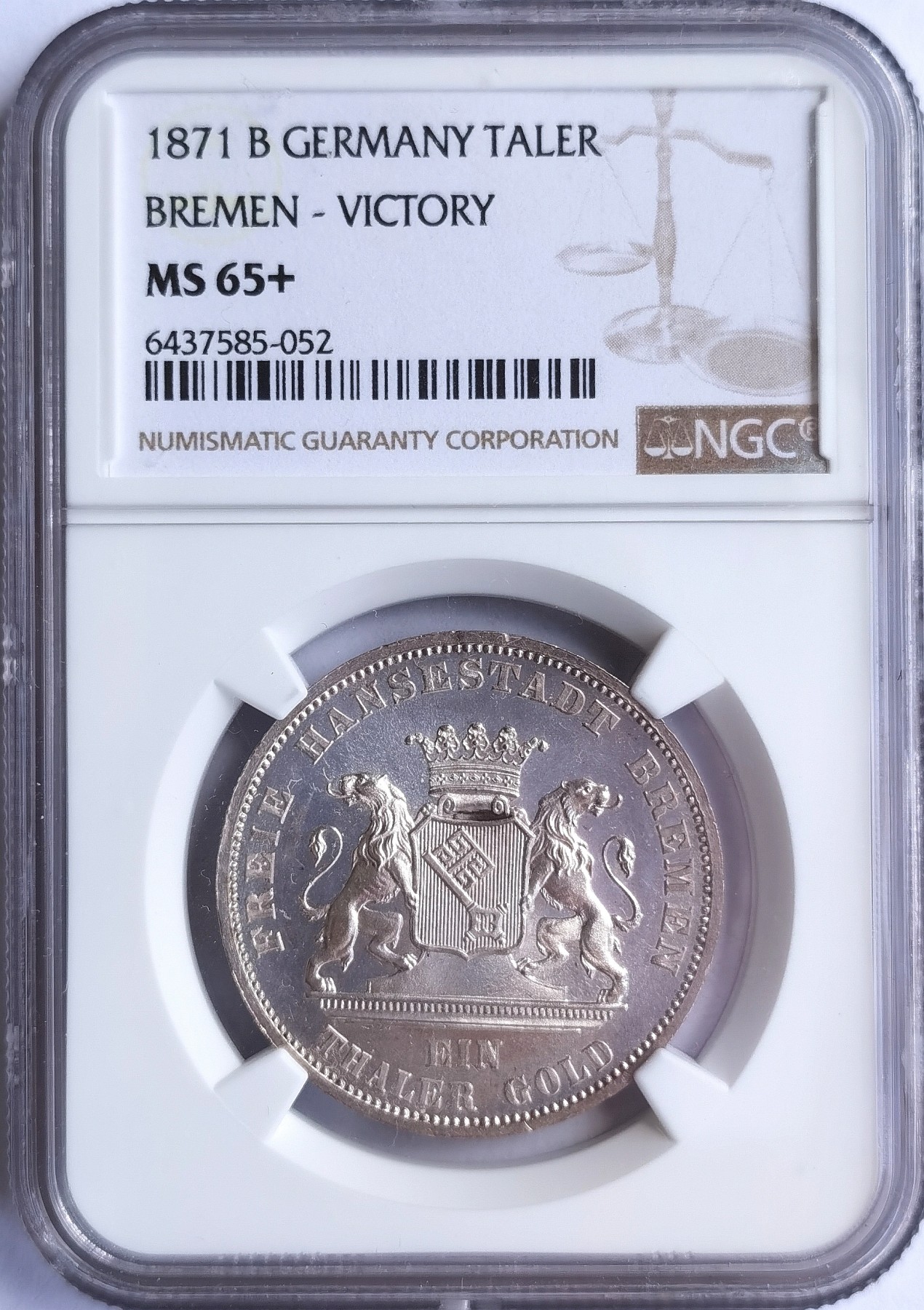 博洋堂世界钱币拍卖第066期（全场包邮） NGC MS65+ 德国不莱梅1871年B版胜利泰勒，珍藏级分数，状态夺目，出厂状态！