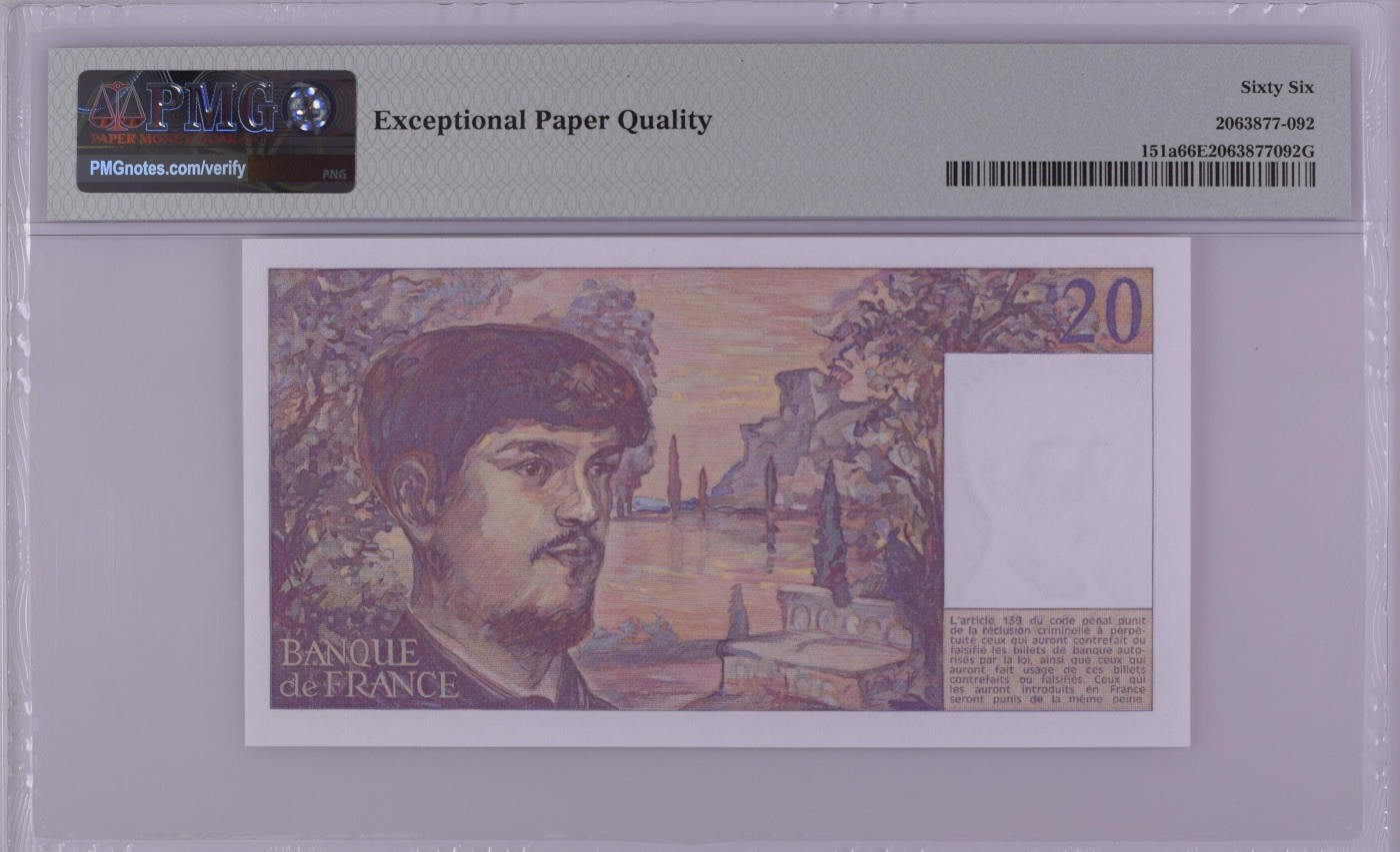 收藏联盟Quantum Auction 第284期拍卖  法国1980-86年20法郎 PMG66 首发年份 号码无347 音乐家德彪西