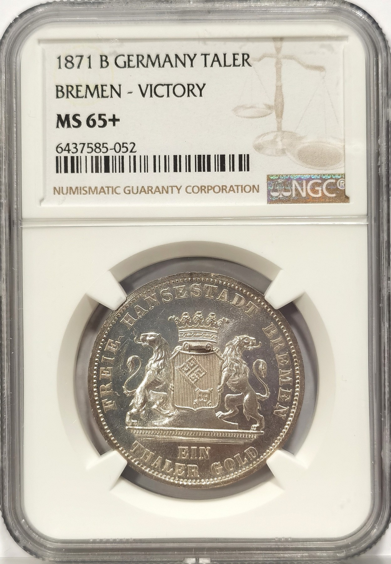 博洋堂世界钱币拍卖第066期（全场包邮） NGC MS65+ 德国不莱梅1871年B版胜利泰勒，珍藏级分数，状态夺目，出厂状态！