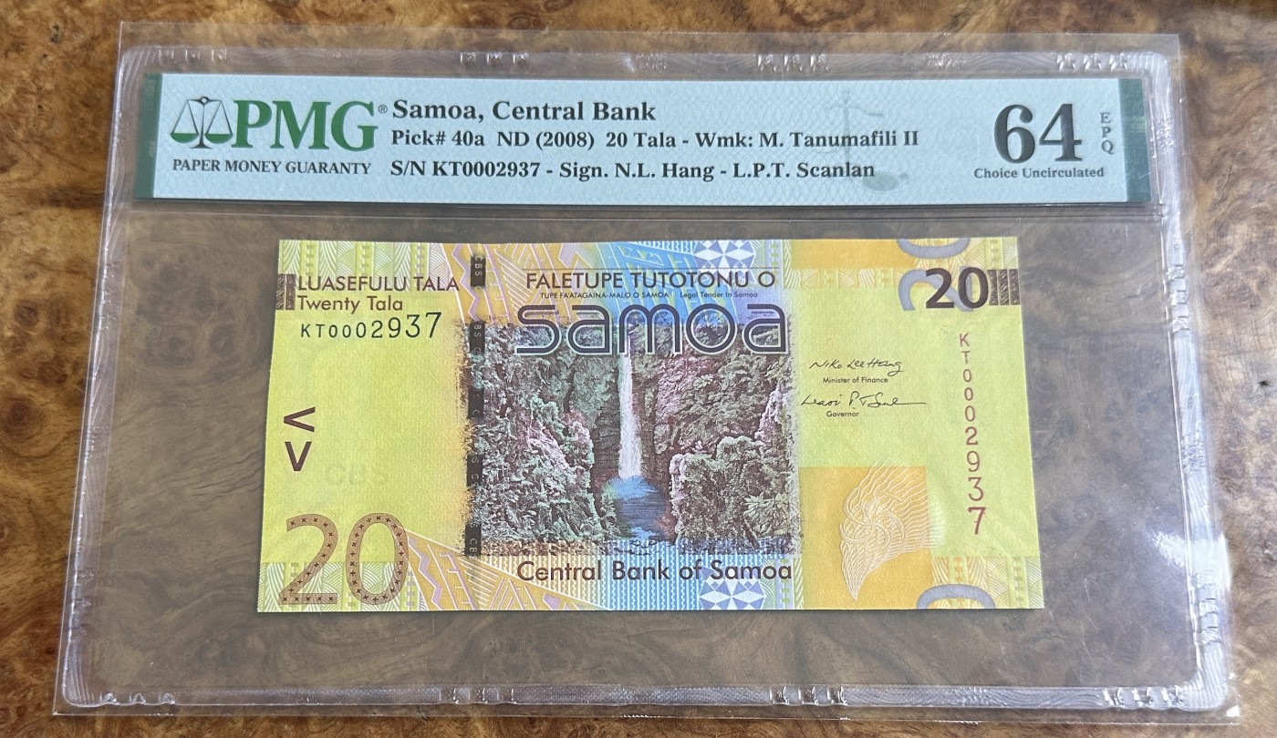 Chase Auction 第24期 - - 外钞、民国钞和人民币混合场！ 2008年萨摩亚20塔拉，PMG64e，世界最佳纸币，首发冠！