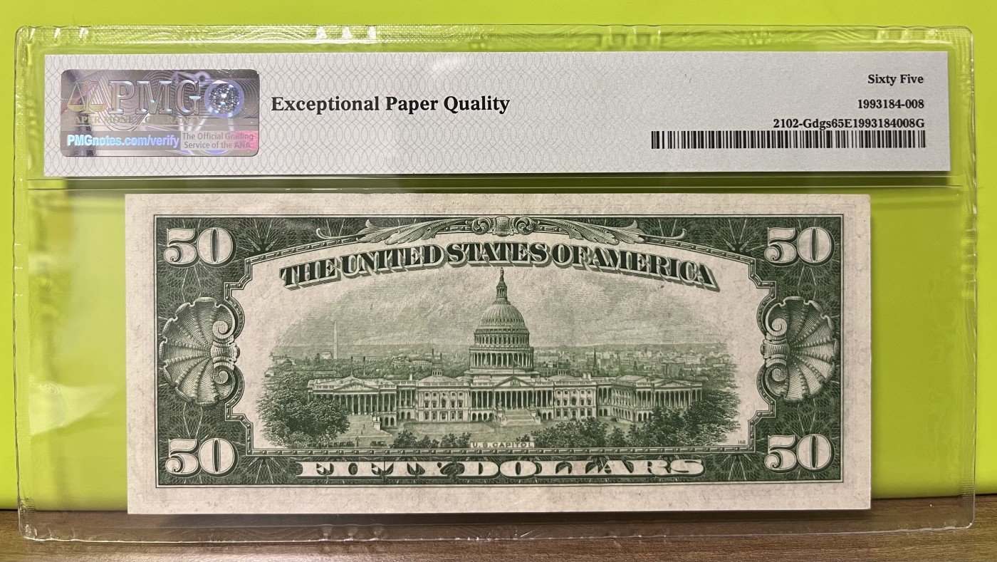 Chase Auction 第24期 - - 外钞、民国钞和人民币混合场！ 1934正版 50美元 联邦储备券 深绿色库印 Dark Green Seal 稀少版别 PMG严格评级65EPQ