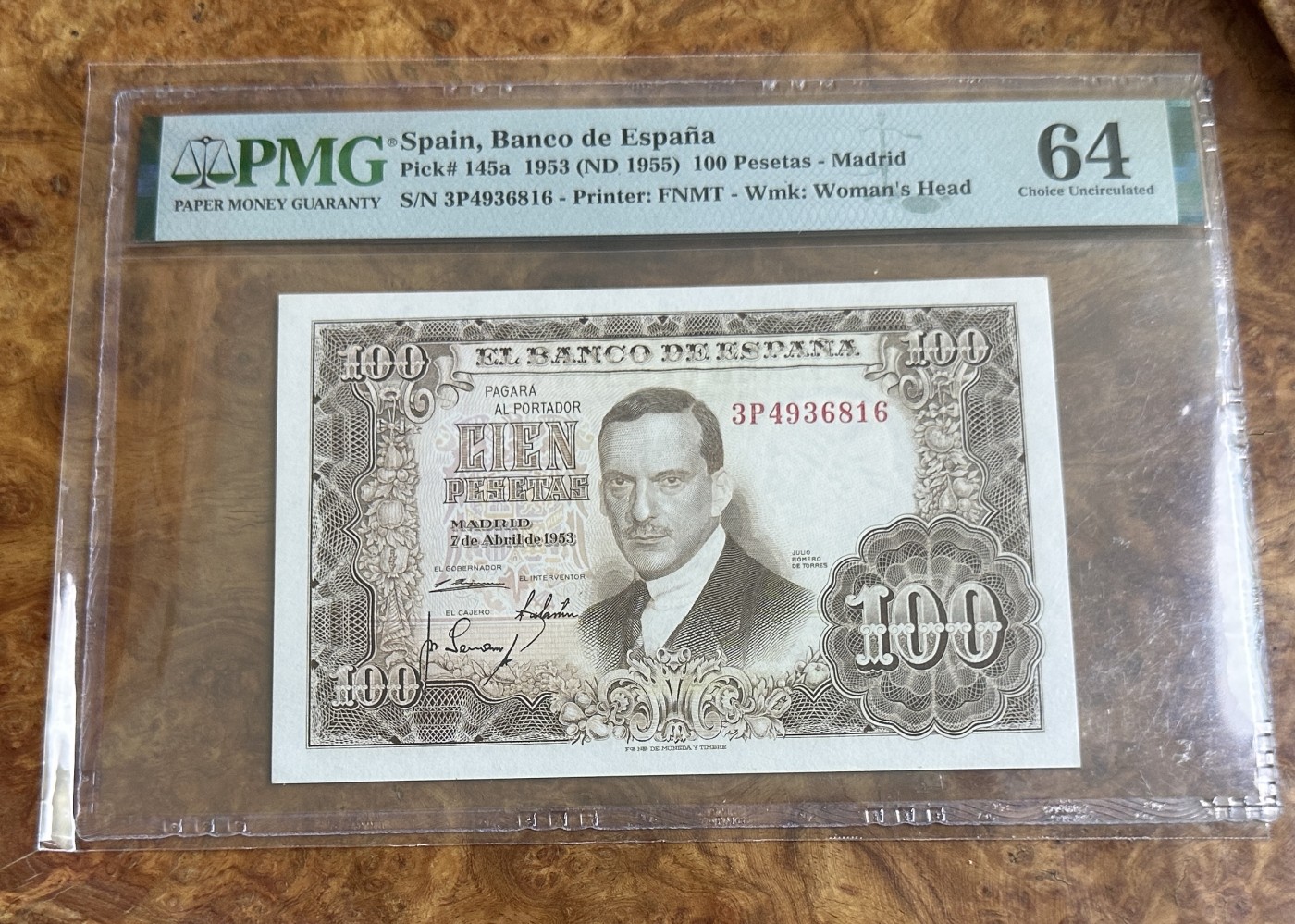 Chase Auction 第24期 - - 外钞、民国钞和人民币混合场！ 1953年西班牙100比塞塔，PMG64！