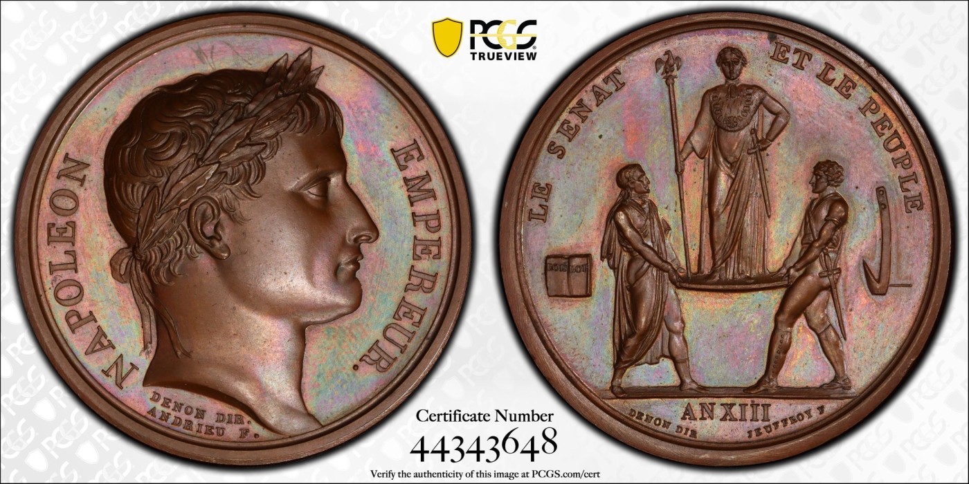 万国钱币拍卖第014期（奢华币宴第一季） PCGS SP65 1804拿破仑登基纪念铜章。PCGS唯一冠军，封面广告章，五彩底板，极品状态。
