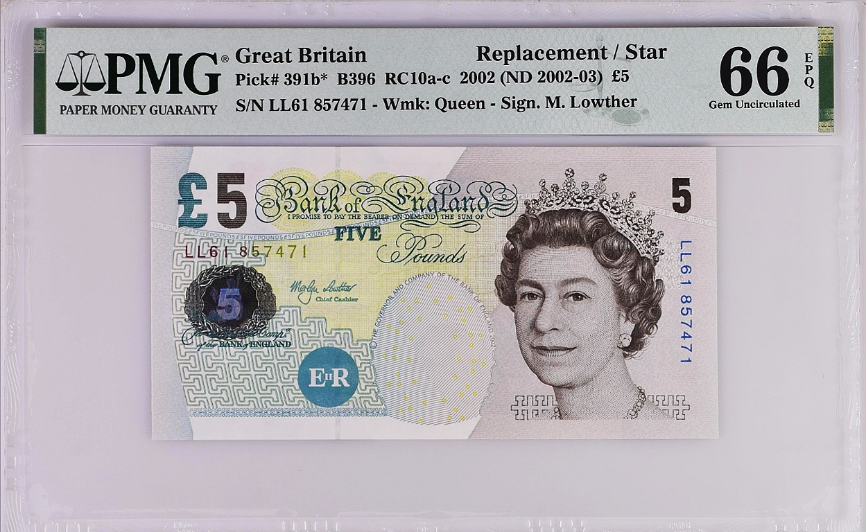《张总收藏》116期-外币精品荟萃 英国E序列再版2002年5镑稀少补号LL冠PMG66E亚军 难上分品种 冠军67分仅5张 Pick#391b*