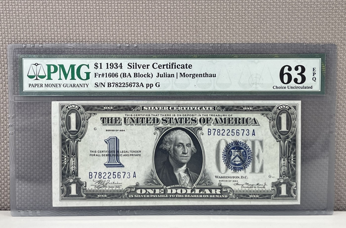 Chase Auction 第24期 - - 外钞、民国钞和人民币混合场！ 1934正版 1美元 银币券 PMG一代老壳严格评级63EPQ 号码无4
