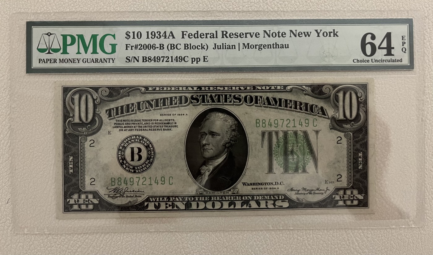 Chase Auction 第24期 - - 外钞、民国钞和人民币混合场！ 1934A版 10美元 联邦储备券 早期PMG严格评级64EPQ
