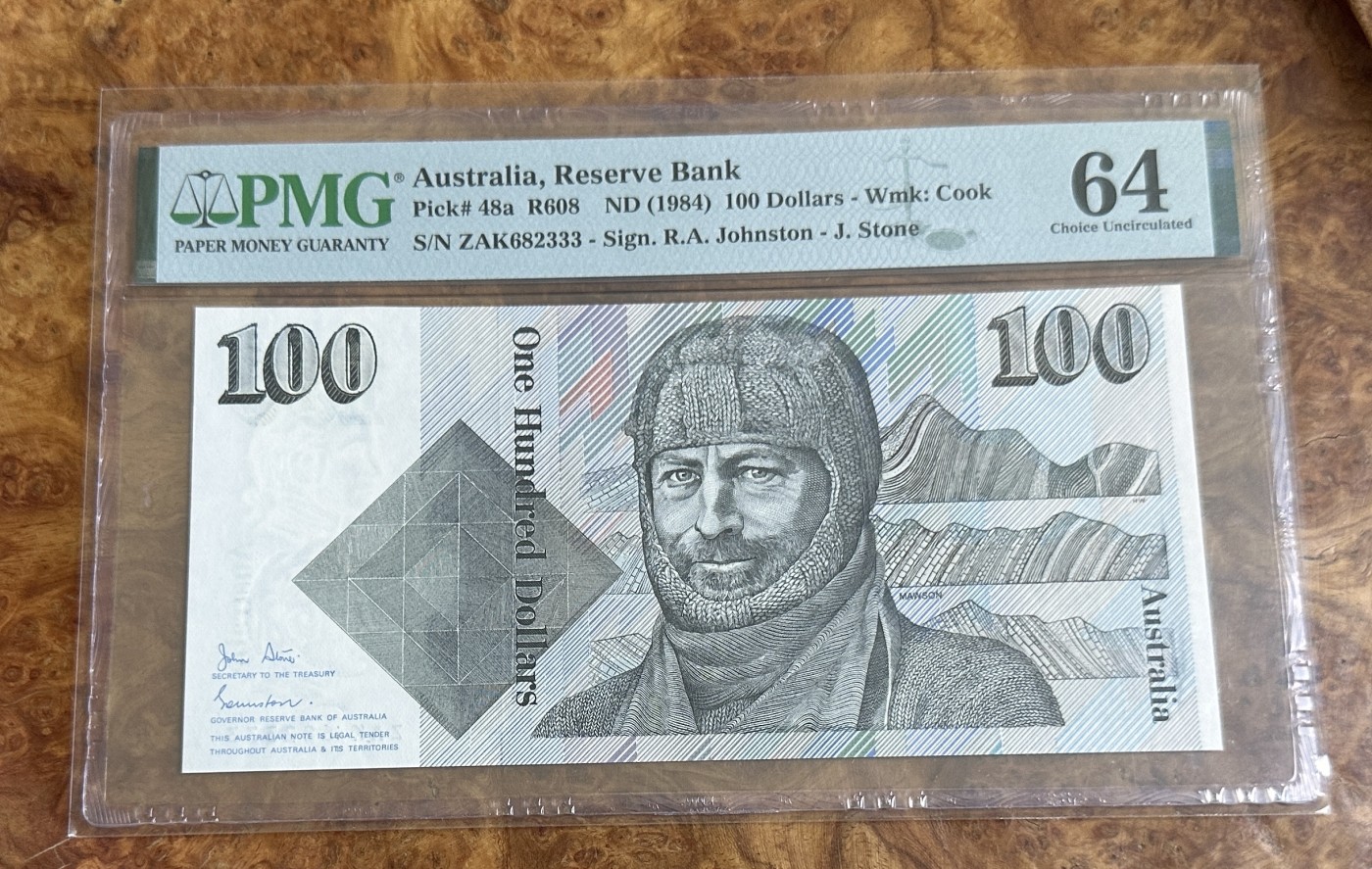 Chase Auction 第24期 - - 外钞、民国钞和人民币混合场！ 1984年澳大利亚100元，豹子号，PMG64！