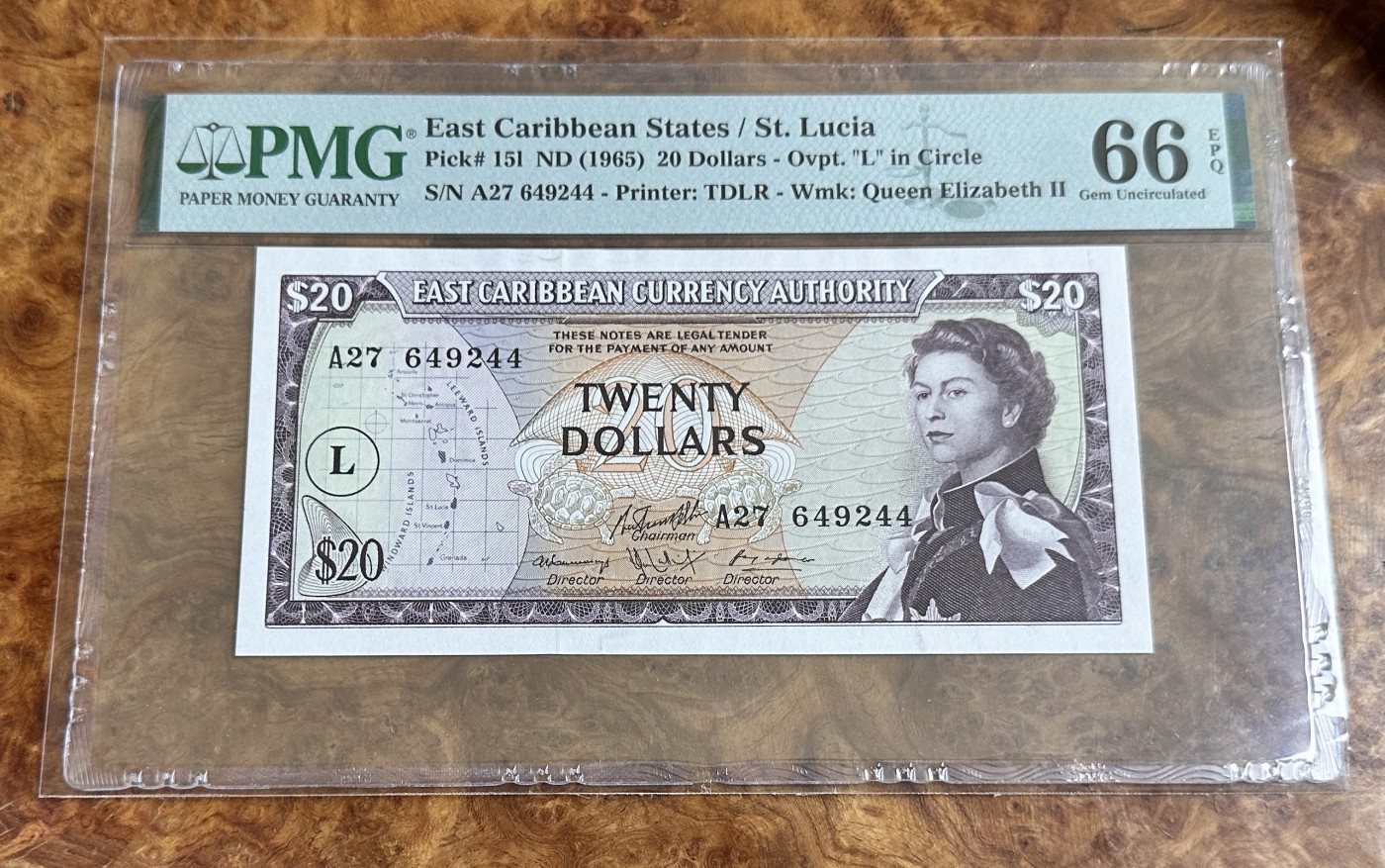 Chase Auction 第24期 - - 外钞、民国钞和人民币混合场！ 1965年东加勒比20镑，PMG66分！