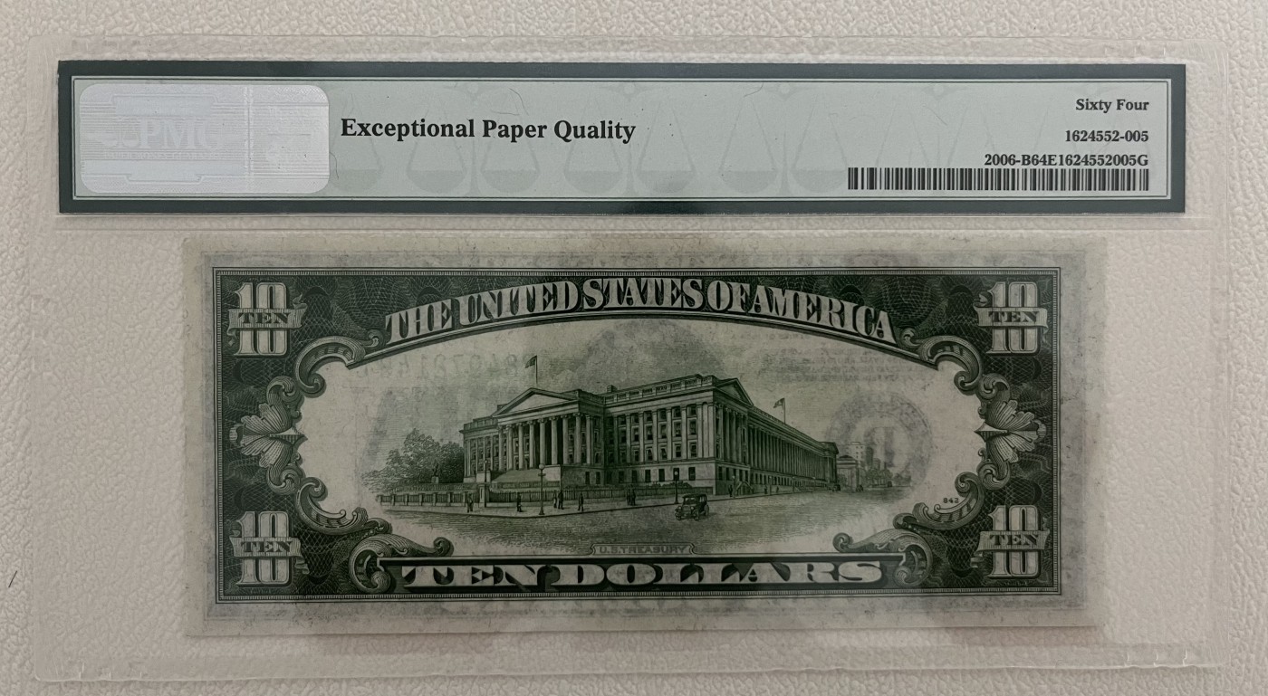 Chase Auction 第24期 - - 外钞、民国钞和人民币混合场！ 1934A版 10美元 联邦储备券 早期PMG严格评级64EPQ