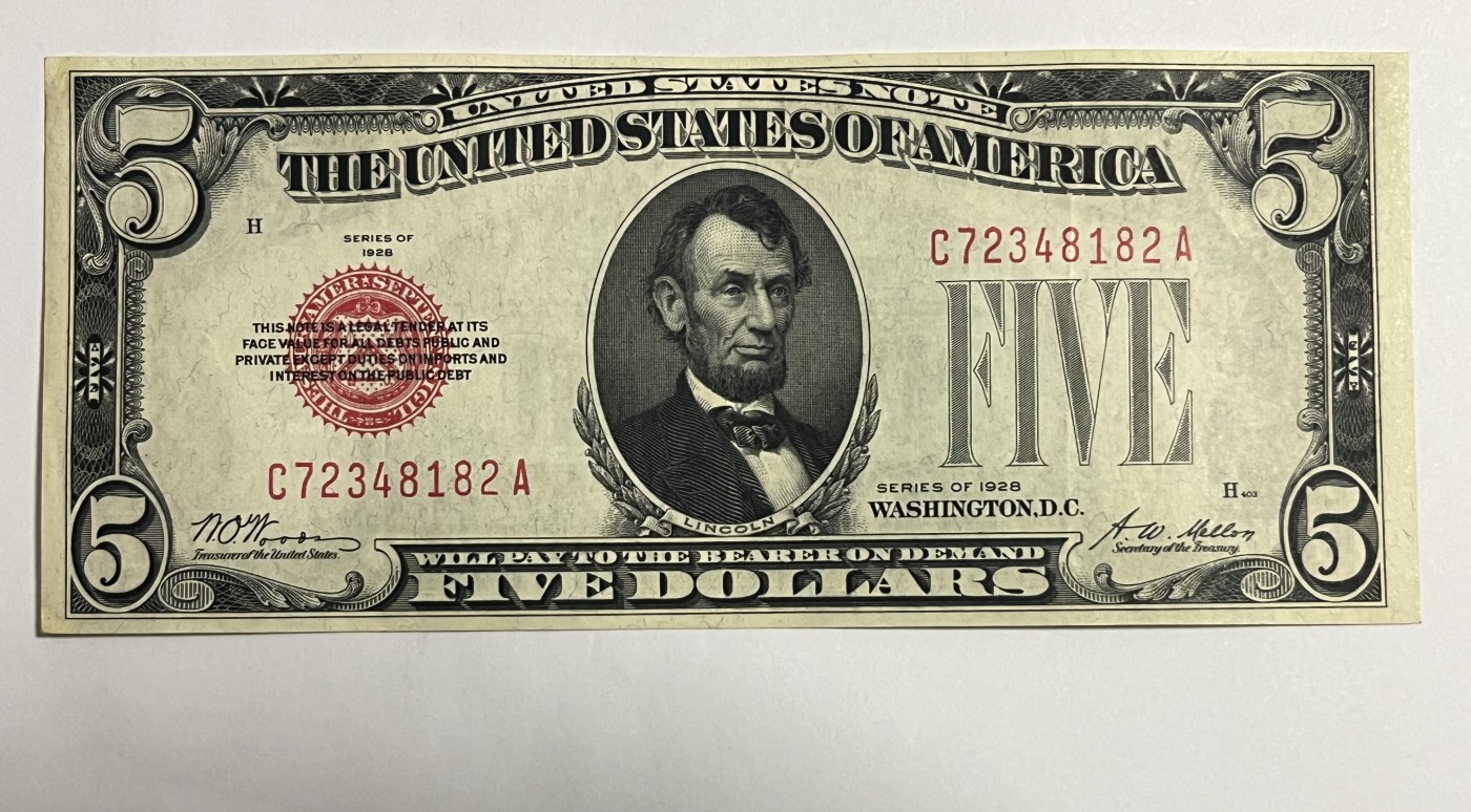 Chase Auction 第24期 - - 外钞、民国钞和人民币混合场！ 1928正版 5美元 政府券 红色库印 C区首发A冠 实物如图所示 非全新