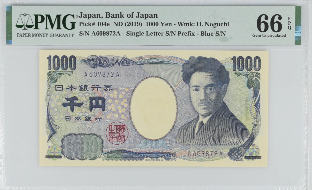 《张总收藏》116期-外币精品荟萃 日本2019年1000元稀少AA冠PMG66E无4 日本生物学家野口英世  Pick#104e