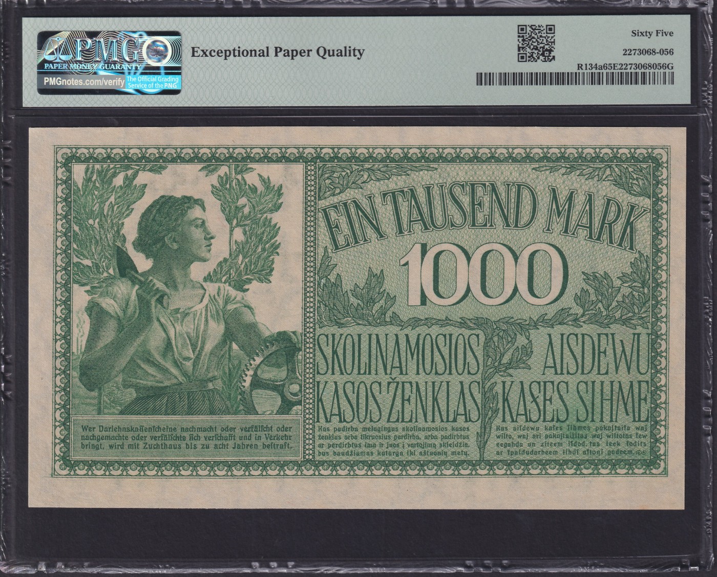 草稿银行第十期国内外钞票拍卖 德占立陶宛 1918年 1000东线马克 由在立陶宛科夫诺(今立陶宛考那斯)成立的东部贷款银行发行，其负责一战期间德国对沙俄占领区的纸币发行工作 1000东线马克折合当时100帝国马克 由帝国印钞Reichsdruckerei 印制正面印有墨丘利肖像 6位序列号 PMG 65 季军分