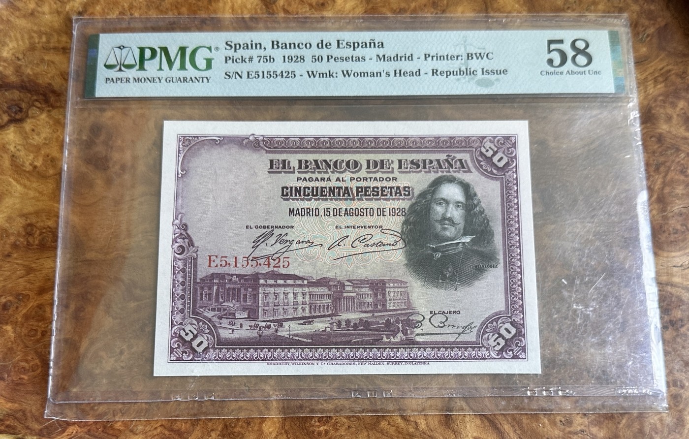 Chase Auction 第24期 - - 外钞、民国钞和人民币混合场！ 1928年西班牙50比塞塔，PMG58！
