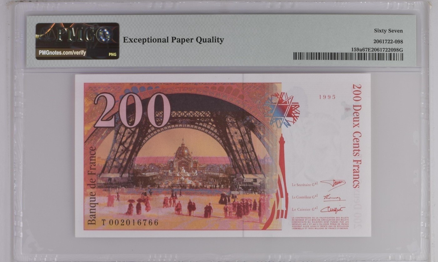 收藏联盟Quantum Auction 第283期拍卖  法国1995-96年200法郎 PMG67  首发年份的号码无4