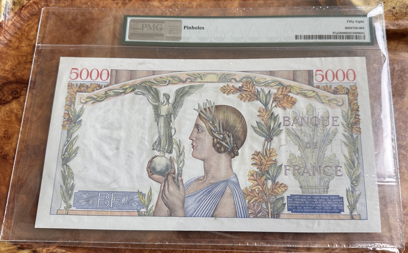 Chase Auction 第24期 - - 外钞、民国钞和人民币混合场！ 1938年法国5000法郎，豹子号，PMG58！