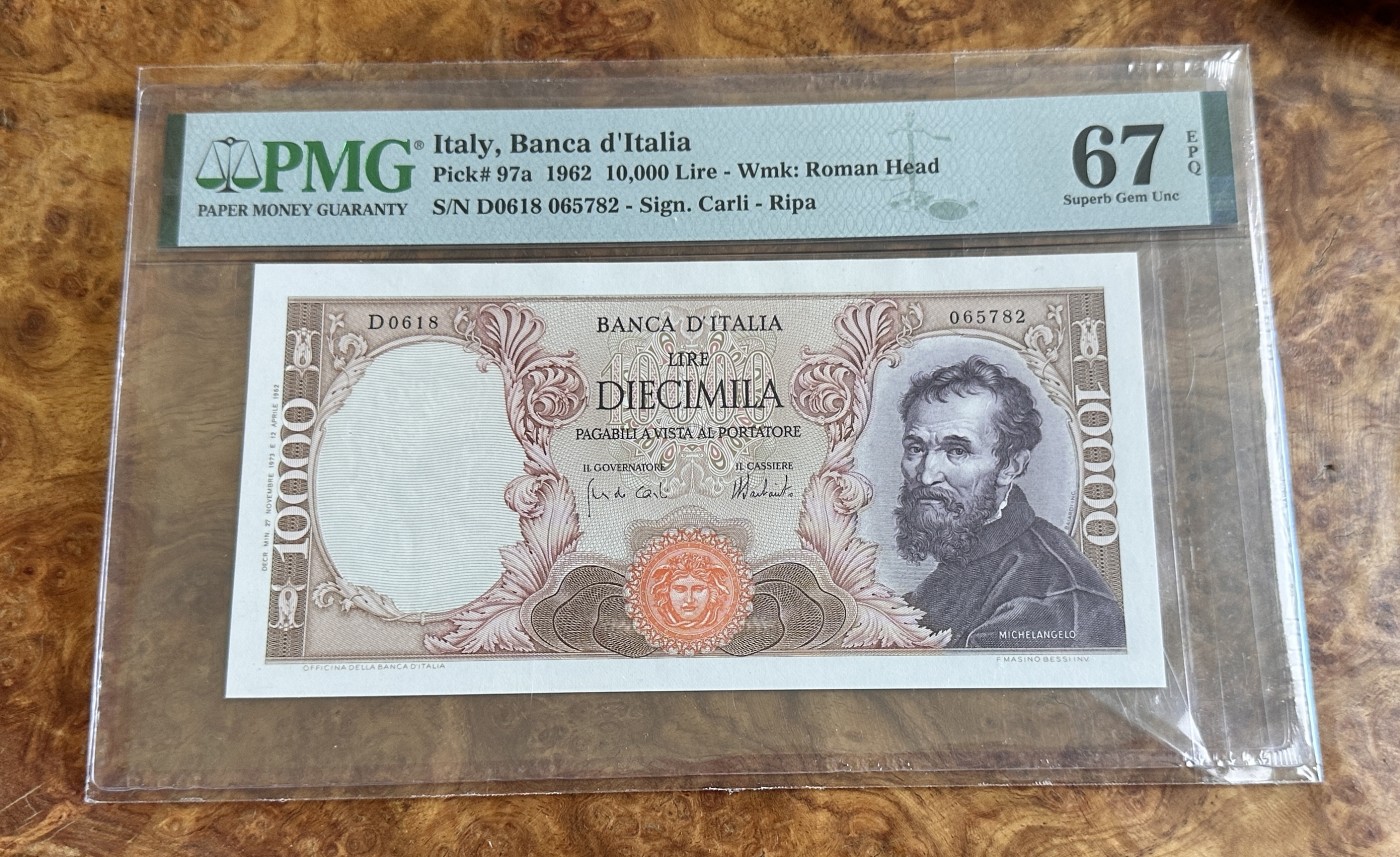 Chase Auction 第24期 - - 外钞、民国钞和人民币混合场！ 1973年意大利10000里拉，PMG67，错标！