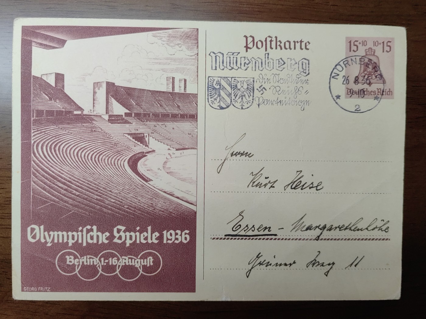 中外邮品专场第③场 德国1936年奥运会纪念邮资片实寄一枚，盖奥运场馆戳。