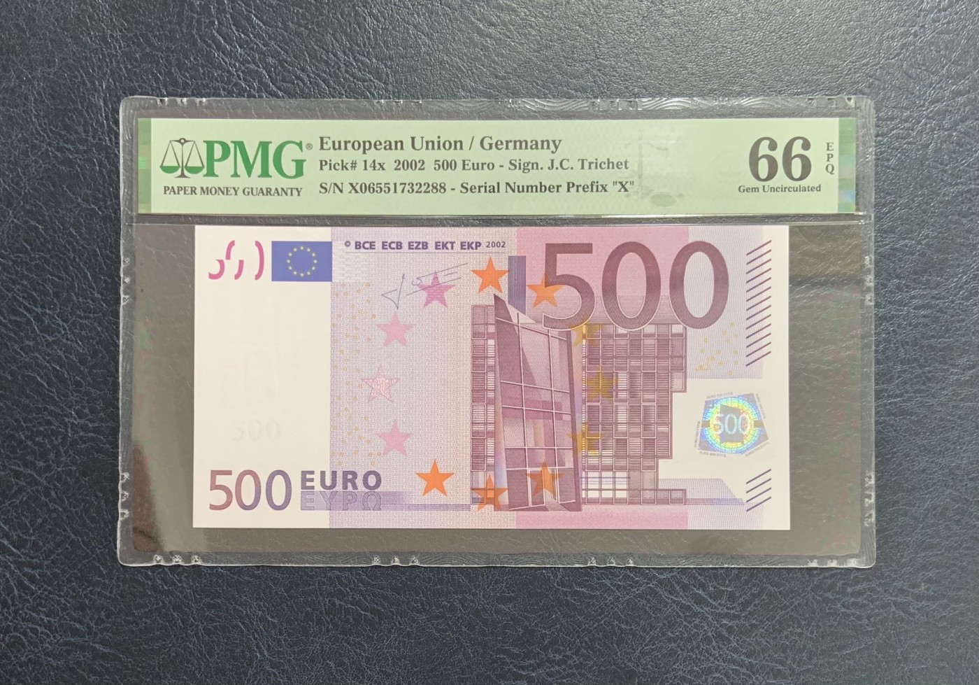 收藏联盟Quantum Auction 第284期拍卖  欧盟国家德国2002年500欧元 PMG66 号码全程无4 尾88 已经停止发行
