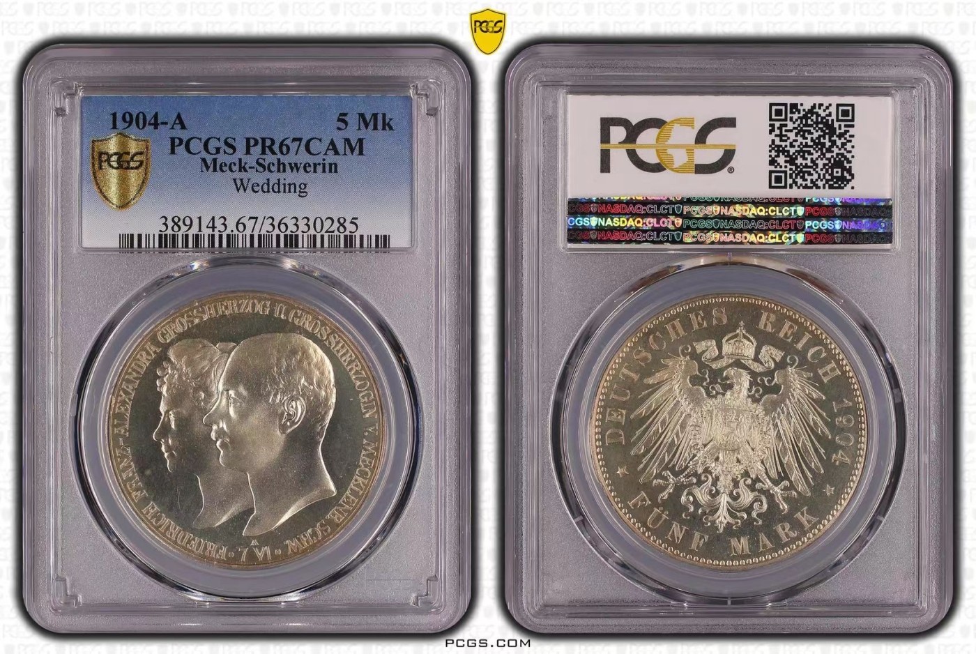 万国钱币拍卖第014期（奢华币宴第一季） PCGS PR67CAM 1904年德国梅克伦堡-什未林结婚纪念5马克，发行量仅2500枚，带CAM极为难得，PCGS唯一冠军分，极致状态，刚刚结束的HA拍卖同分不带CAM以4080美金成交。