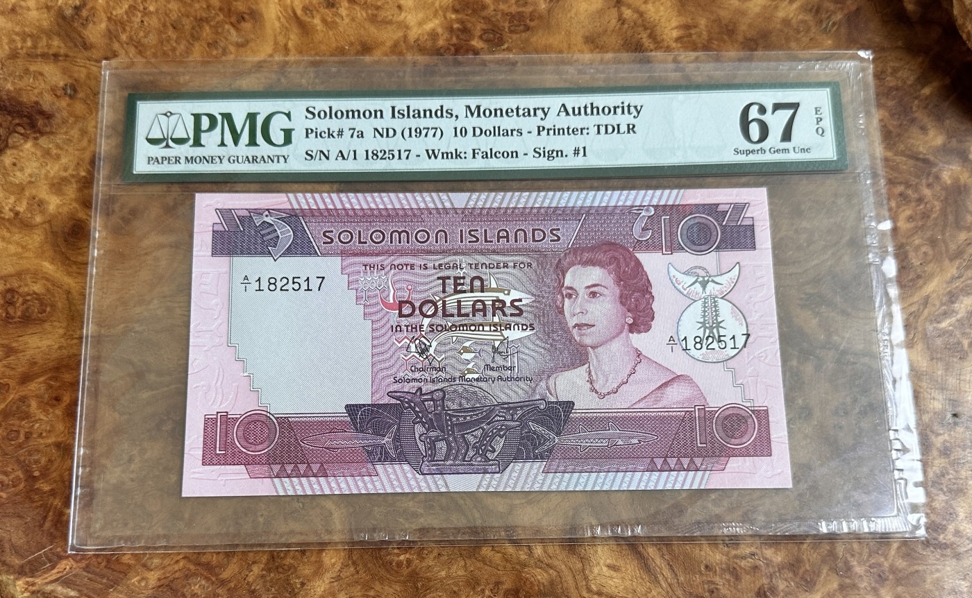 Chase Auction 第24期 - - 外钞、民国钞和人民币混合场！ 1977年所罗门群岛10元，PMG67！