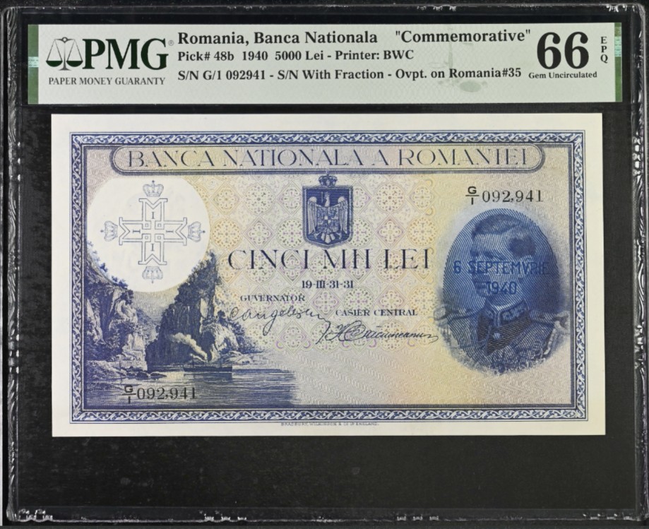 《张总收藏》116期-外币精品荟萃 罗马尼亚1931年5000列伊最高值PMG66E亚军分-overprint 06.09.1940 (卡罗尔二世国王退位) 超稀少品种国内难见，冠军67分仅3张；背面Michael the Brave entering Karlsburg fortress (today Alba Iulia/Gyulafehervar)；日期19-III-31-31=31.03.1931
