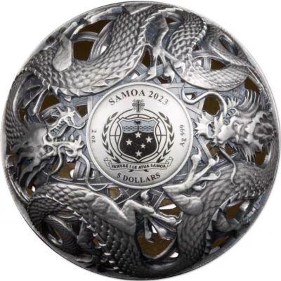 【海寧潮】萨摩亚2023年龙凤呈祥2盎司镂空球体镀金纪念银币