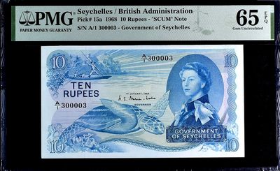 【Blue Auction】✨世界纸币精拍第363期【精】 -  【A1首发冠 300003 数二雷达号超级靓号无47极罕见】塞舌尔 1968年10卢比 SCUM Note PMG65EPQ 绝品 戎装女王 精美