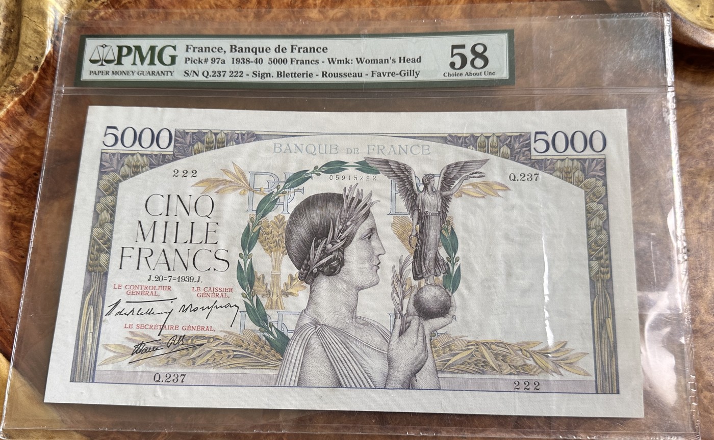 Chase Auction 第24期 - - 外钞、民国钞和人民币混合场！ 1938年法国5000法郎，豹子号，PMG58！
