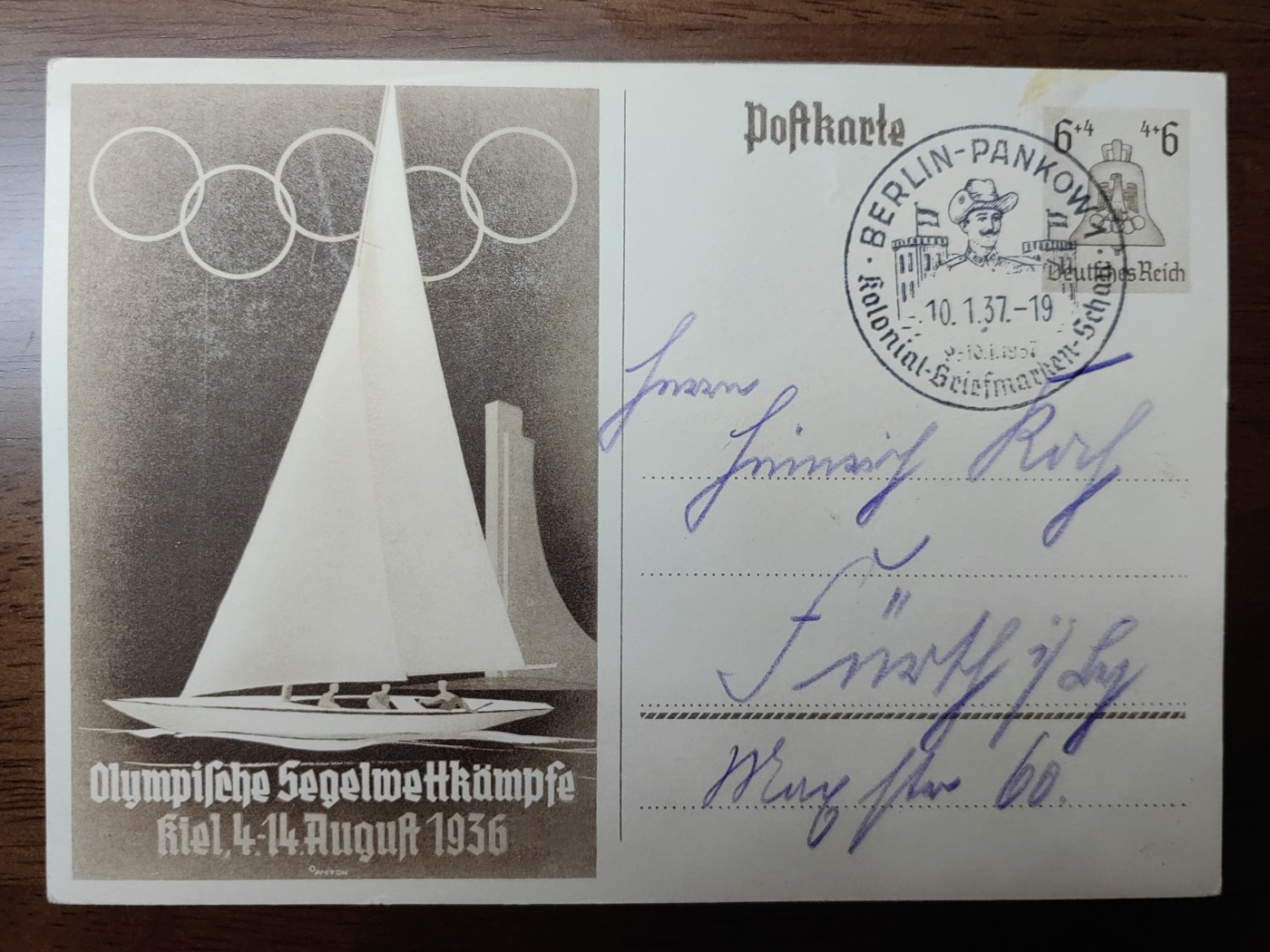 中外邮品专场第③场 德国1936年奥运会纪念邮资片实寄一枚，盖奥运场馆戳。