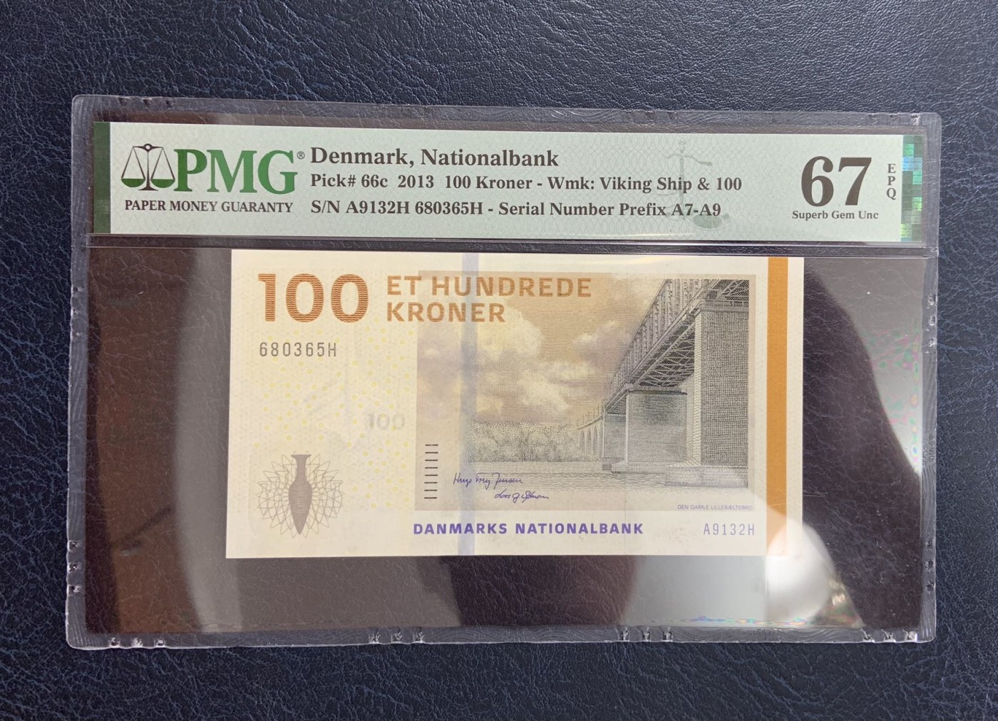 收藏联盟Quantum Auction 第284期拍卖  丹麦2013年100克朗 PMG67  号码全程无47 小贝尔特海峡大桥