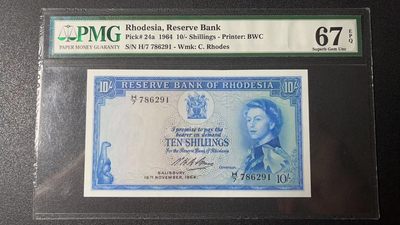 【Blue Auction】✨世界纸币精拍第363期【精】 - 【冠军分】罗德西亚 1964年10先令 PMG67EPQ 高分 BWC出品 戎装女王 精美清新