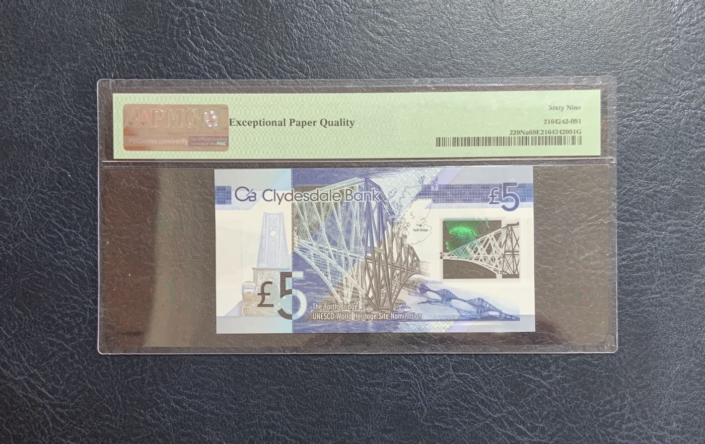 收藏联盟Quantum Auction 第284期拍卖  苏格兰2015年5镑福斯大桥提名世文遗纪念钞 PMG69 首发冠 号码无47