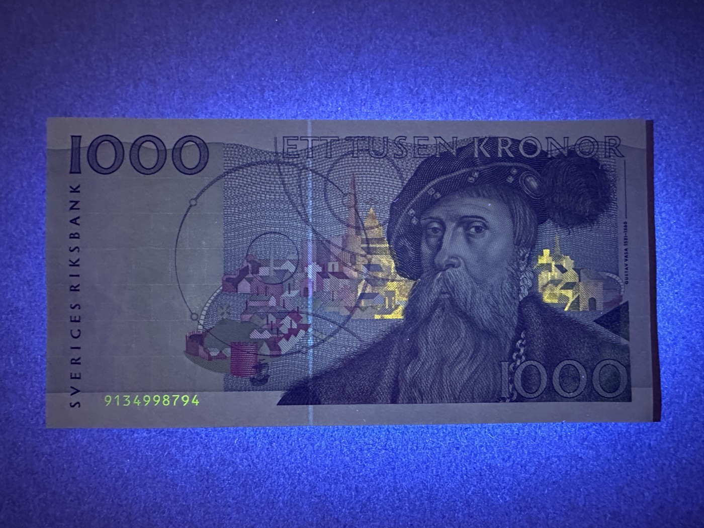 《张总收藏》116期-外币精品荟萃 瑞典1000克朗 UNC 1991年 初版大胡子 边缘轻微荧光 瑞典国王古斯塔夫·瓦萨