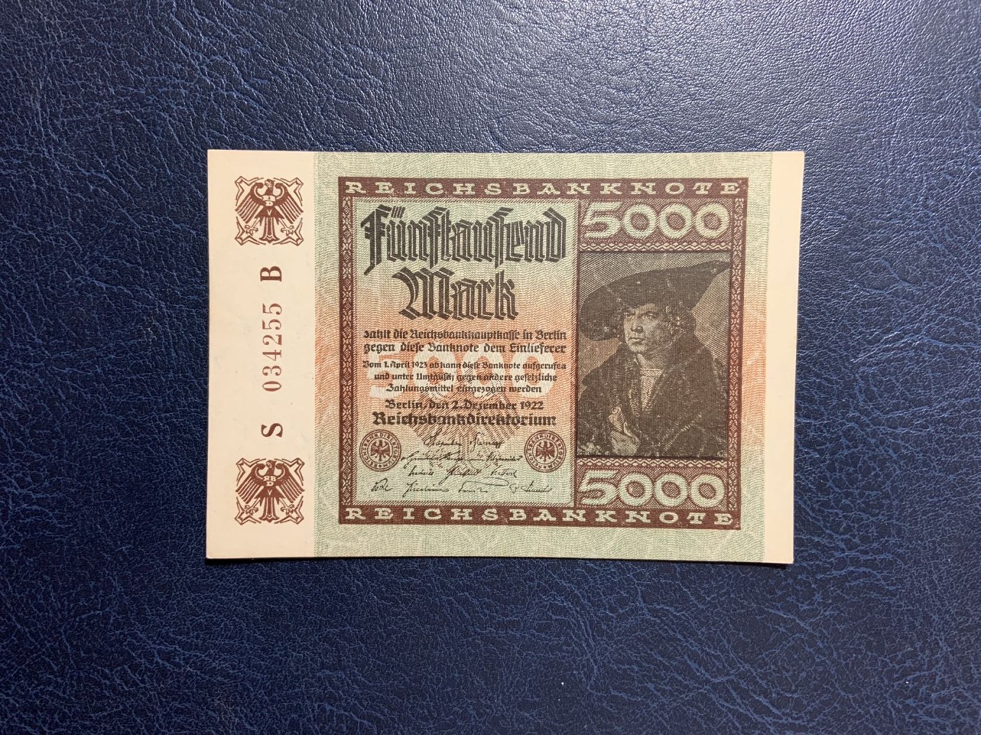 收藏联盟Quantum Auction 第284期拍卖  德国1922年5000马克 品相UNC 边角瑕疵