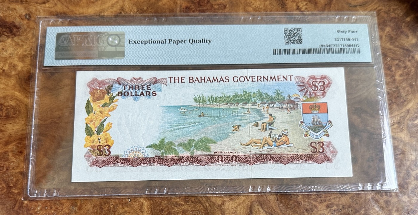 Chase Auction 第24期 - - 外钞、民国钞和人民币混合场！ 1965年巴拿马3元，女王彩背，PMG64e！