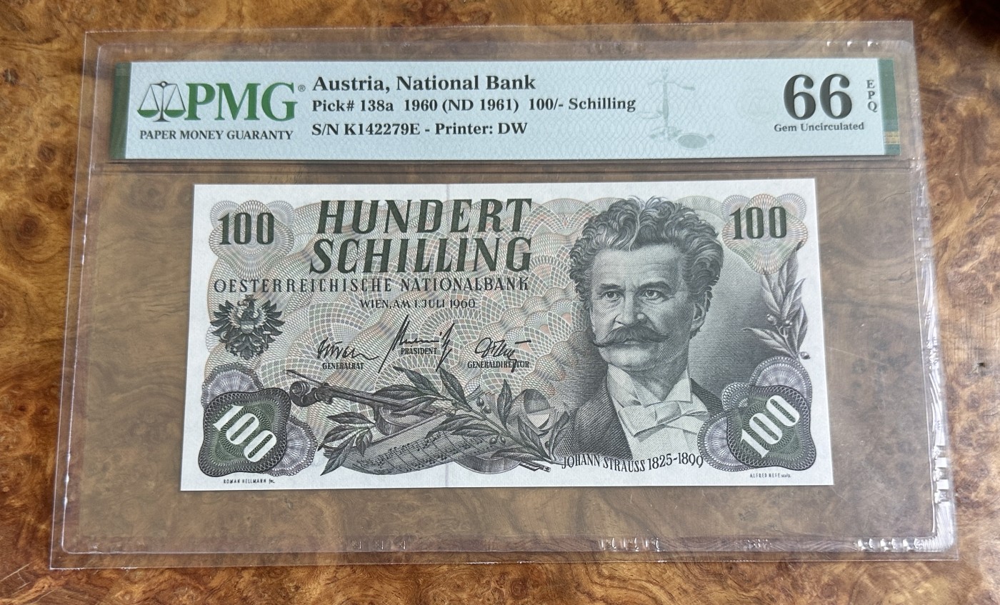 Chase Auction 第24期 - - 外钞、民国钞和人民币混合场！ 1960年奥地利100先令，PMG66！