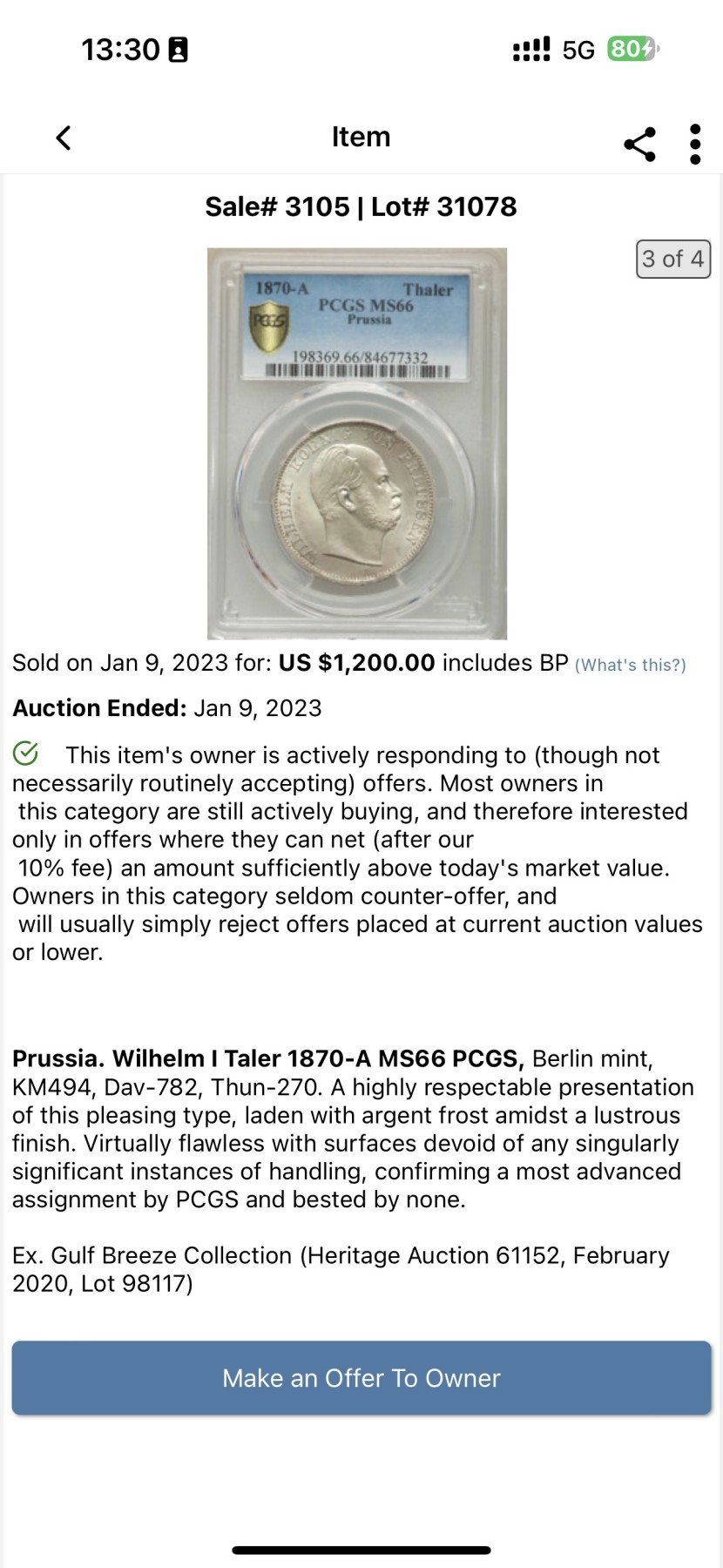 万国钱币拍卖第014期（奢华币宴第一季） PCGS MS66 1870德国普鲁士威廉一世鹰徽1泰勒，流通泰勒高分难度非常之大，PC唯一冠军，今年1月份ha拍卖原物，成交价1200美金。
