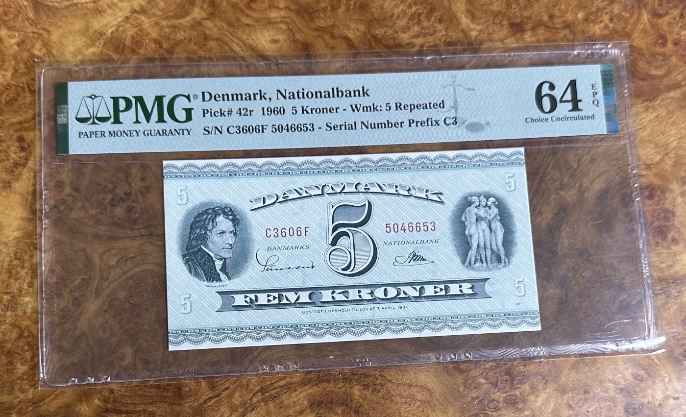 Chase Auction 第24期 - - 外钞、民国钞和人民币混合场！ 1960年丹麦5克朗，三美女，PMG64e！