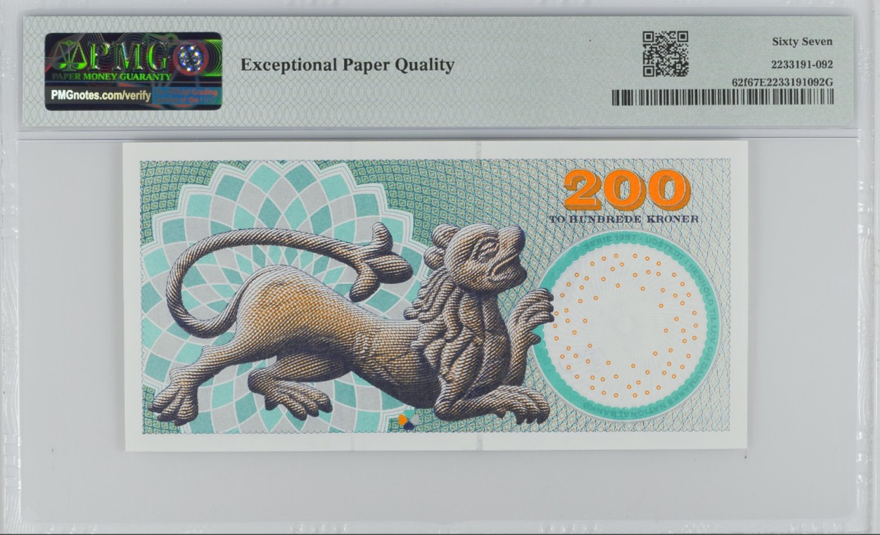 《张总收藏》116期-外币精品荟萃 丹麦2008年200克朗PMG67E高分 经典浮雕版 丹麦女演员海堡，背面狮子 Pick#62f