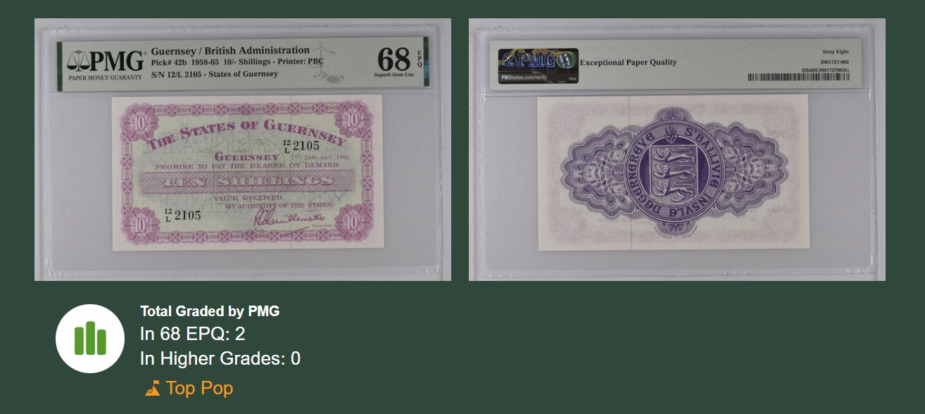 《张总收藏》116期-外币精品荟萃 英属根西岛1961年早期10镑PMG68E超高分无47 唯二冠军分
