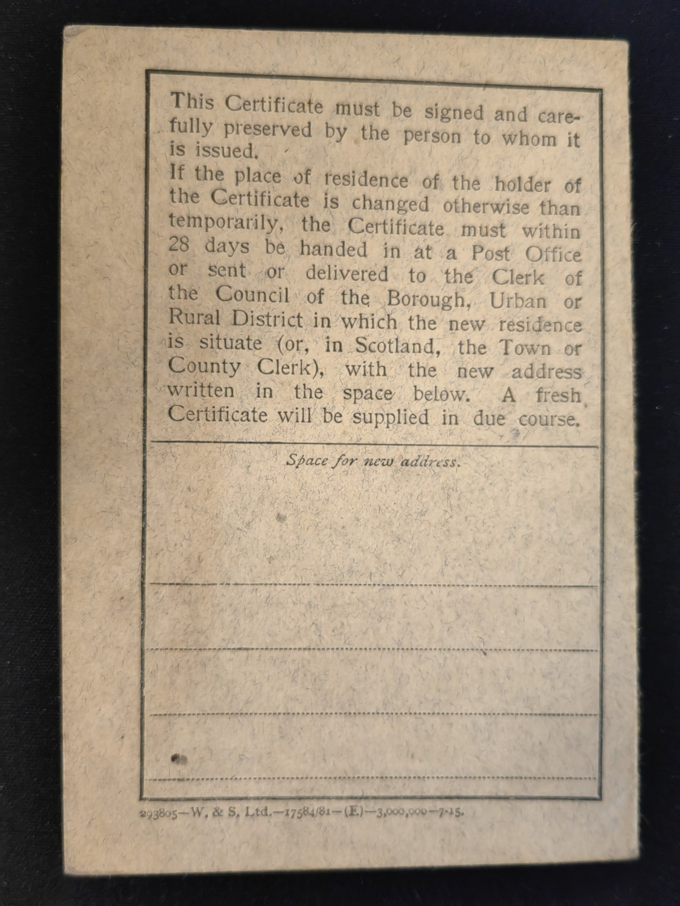 中外邮品专场第③场 1915年英国英格兰北约克郡的居住证