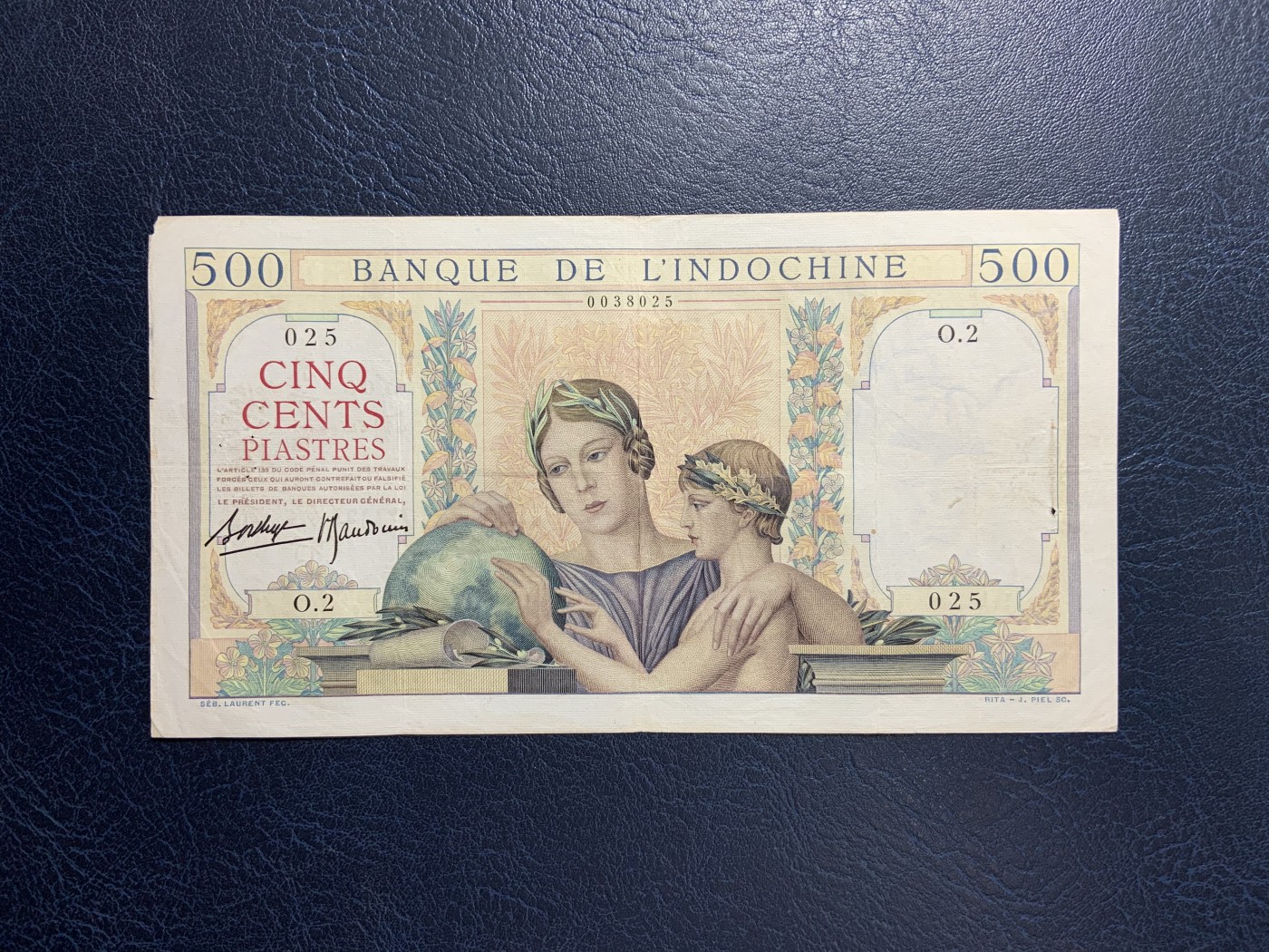 收藏联盟Quantum Auction 第284期拍卖  法属印度支那东方汇理银行1951年500皮阿斯特 品相如图 有针孔 非常稀少 母子地球仪