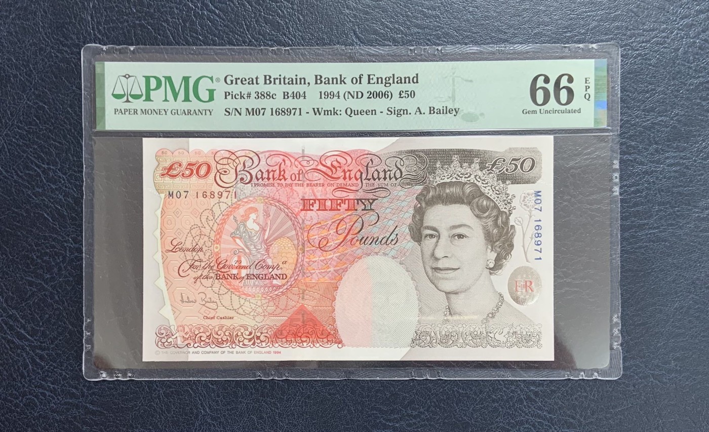 收藏联盟Quantum Auction 第284期拍卖  英国1994(2006)年50镑 PMG66 号码全程无4
