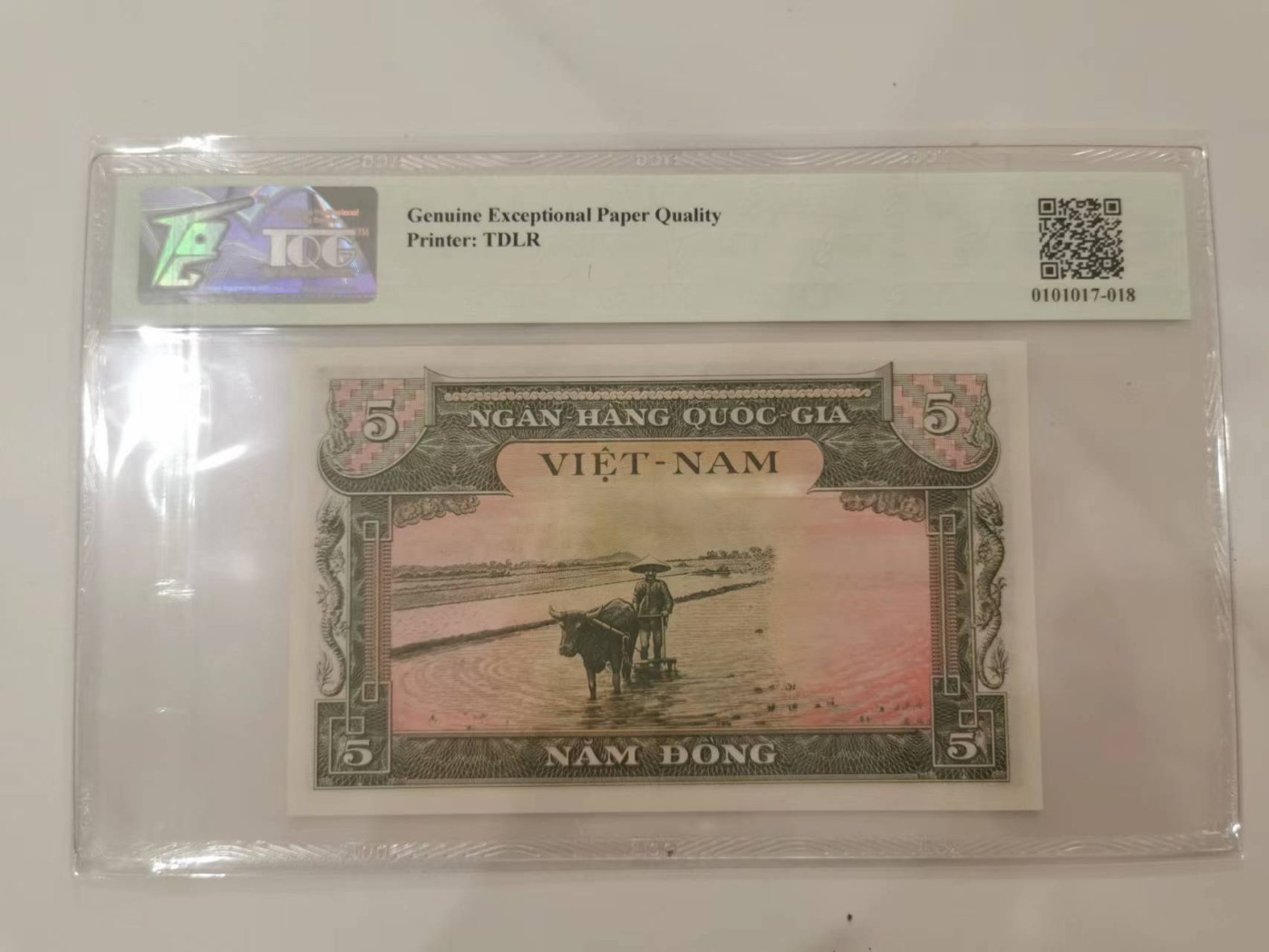 249.【鲸贝乐淘★两拍包邮】三字经·第“三纲者，君臣义”号拍卖 【越南🇻🇳】1955年南越5盾，龙凤呈祥，TQG65E