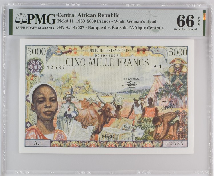 《张总收藏》116期-外币精品荟萃 中非共和国1980年少见A1冠5000法郎PMG66E 乱蛇号 法属名誉品大烟斗