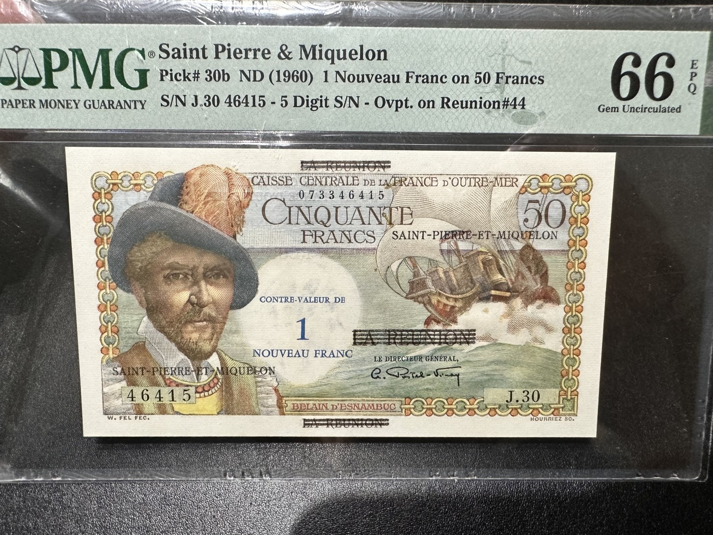 《外钞收藏家》第二百九十五期（连拍第三场） 1960年圣皮埃尔和密克隆 50法郎改值1法郎 PMG66