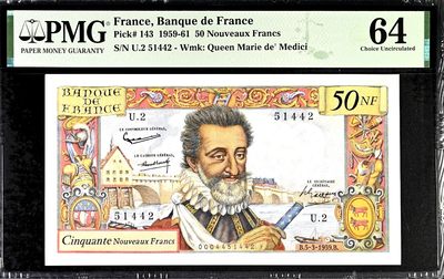 【Blue Auction】✨世界纸币精拍第364期【精】 - 【无背标 仅4张更高分】法国 1959-61年50新法郎 亨利四世 PMG64 高分 设计精美 