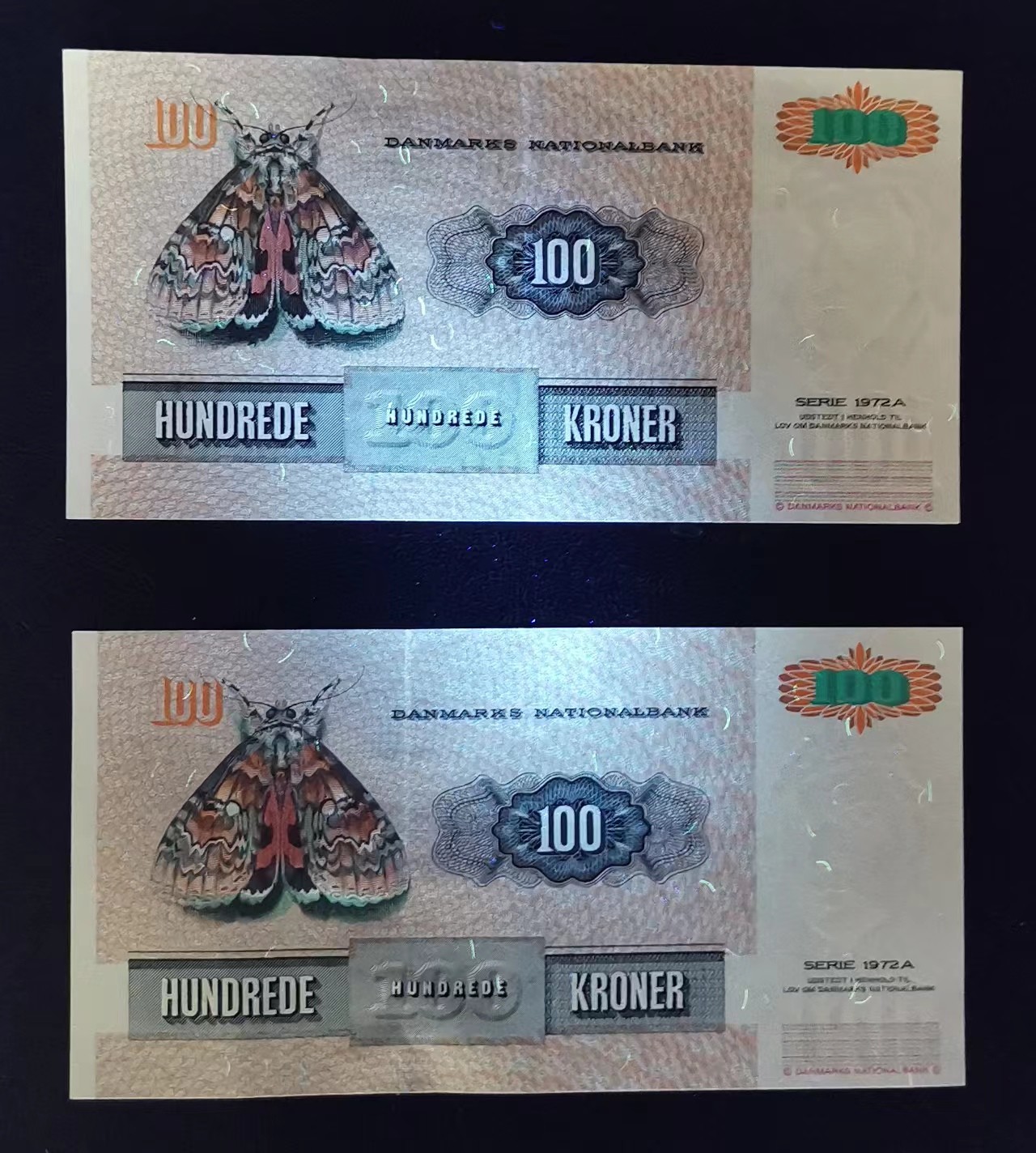《张总收藏》116期-外币精品荟萃 (2张一组)丹麦1995年F4冠100克朗 Pick#54e(2) / 1995年F0冠100克朗Pick#54项下，2张均为AU品相，测光下有轻微软折