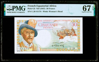 【Blue Auction】✨世界纸币精拍第364期【精】 - 【冠军分 无加盖大珍】法属赤道非洲 1947年50法郎 经典白奶球 PMG67EPQ 顶级高分 法属爱好者必备 非常少见 都沉淀在大藏家手上 正面人物：法国著名商人和冒险家Belain d'Esnambuc 其于1627年建立了巴斯特尔 后成为圣基茨和尼维斯独立国家的首都