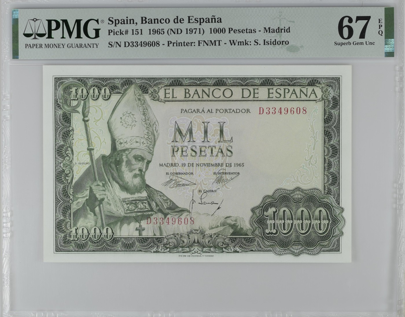 收藏联盟Quantum Auction 第284期拍卖  西班牙1965 (ND 1971)年1000比塞塔 PMG67 大主教 伊斯多罗